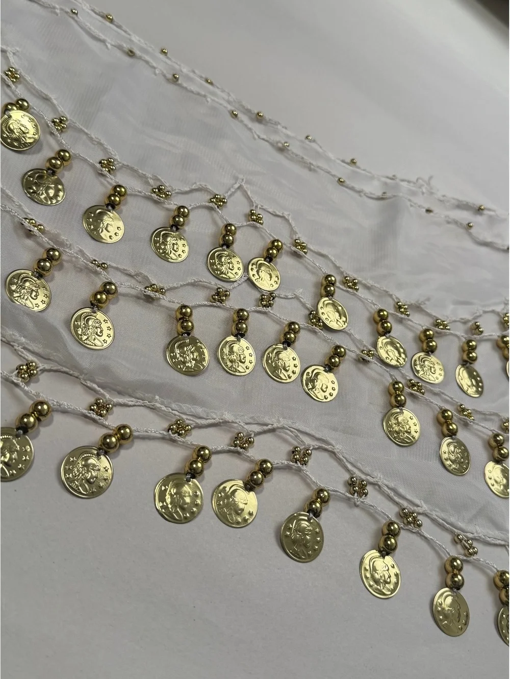 Y2K White Gold Coin boho Belly Dance Sheer Wrap Hip Scarf Headwrap